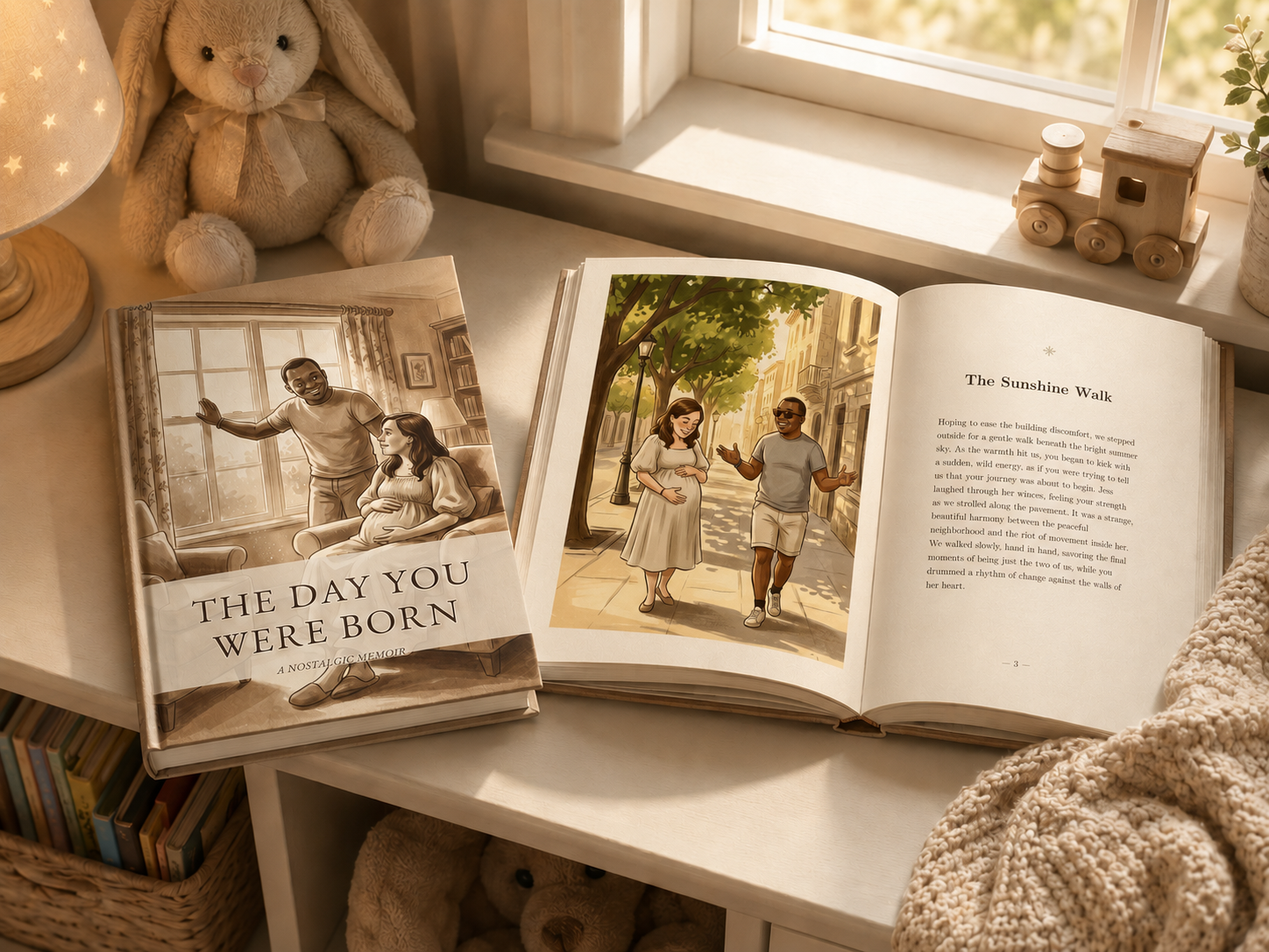 A real Heirloom printed storybook photographed on a wooden desk