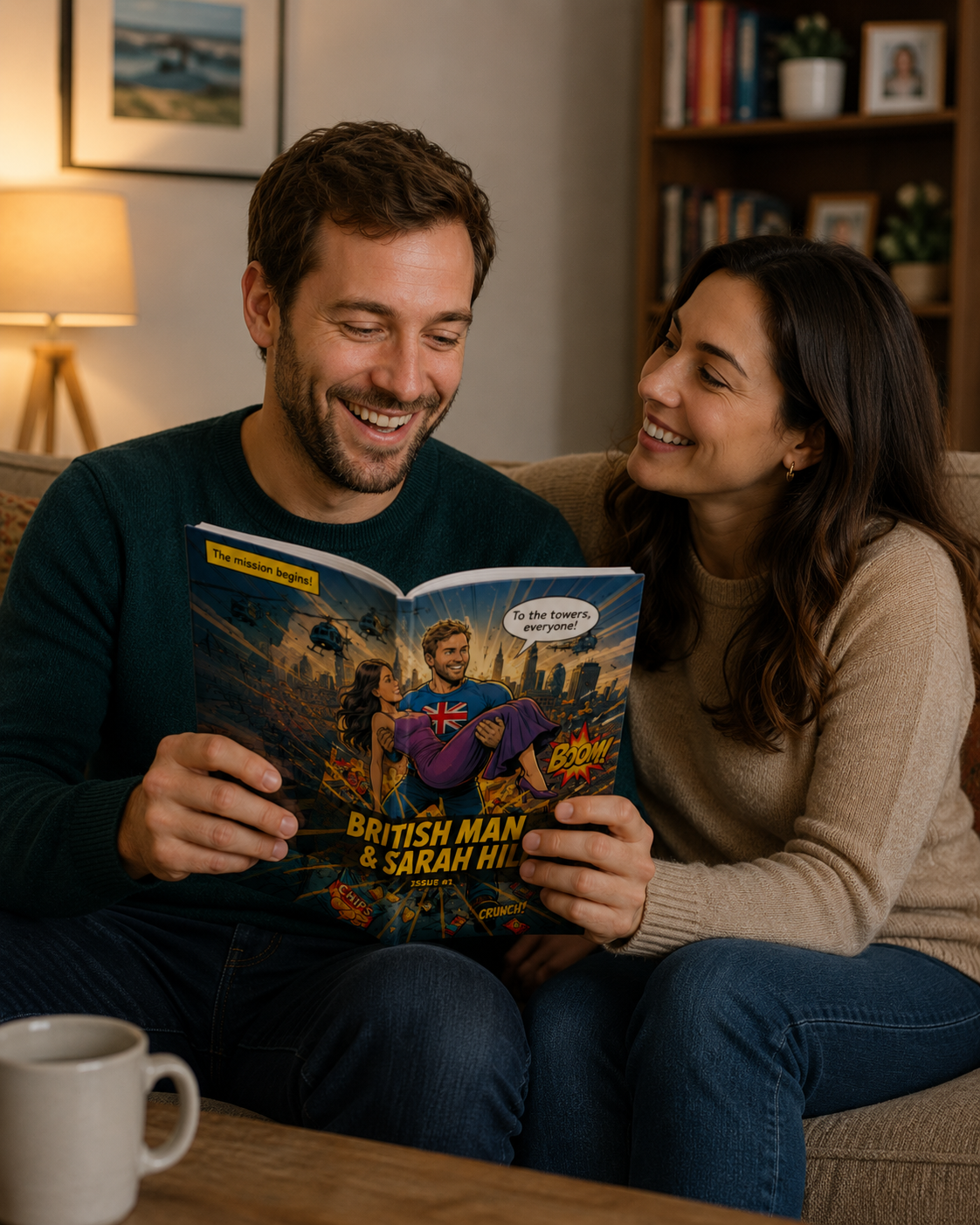 A couple smiling as they read their personalised Heirloom comic-style storybook