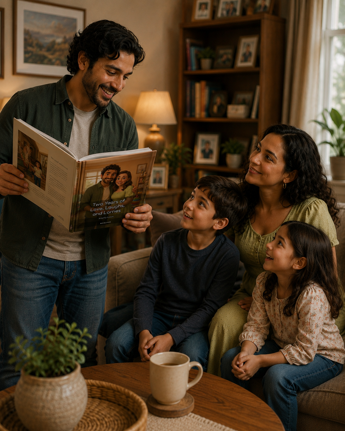 A family gathered on the sofa listening as dad reads their Heirloom storybook aloud