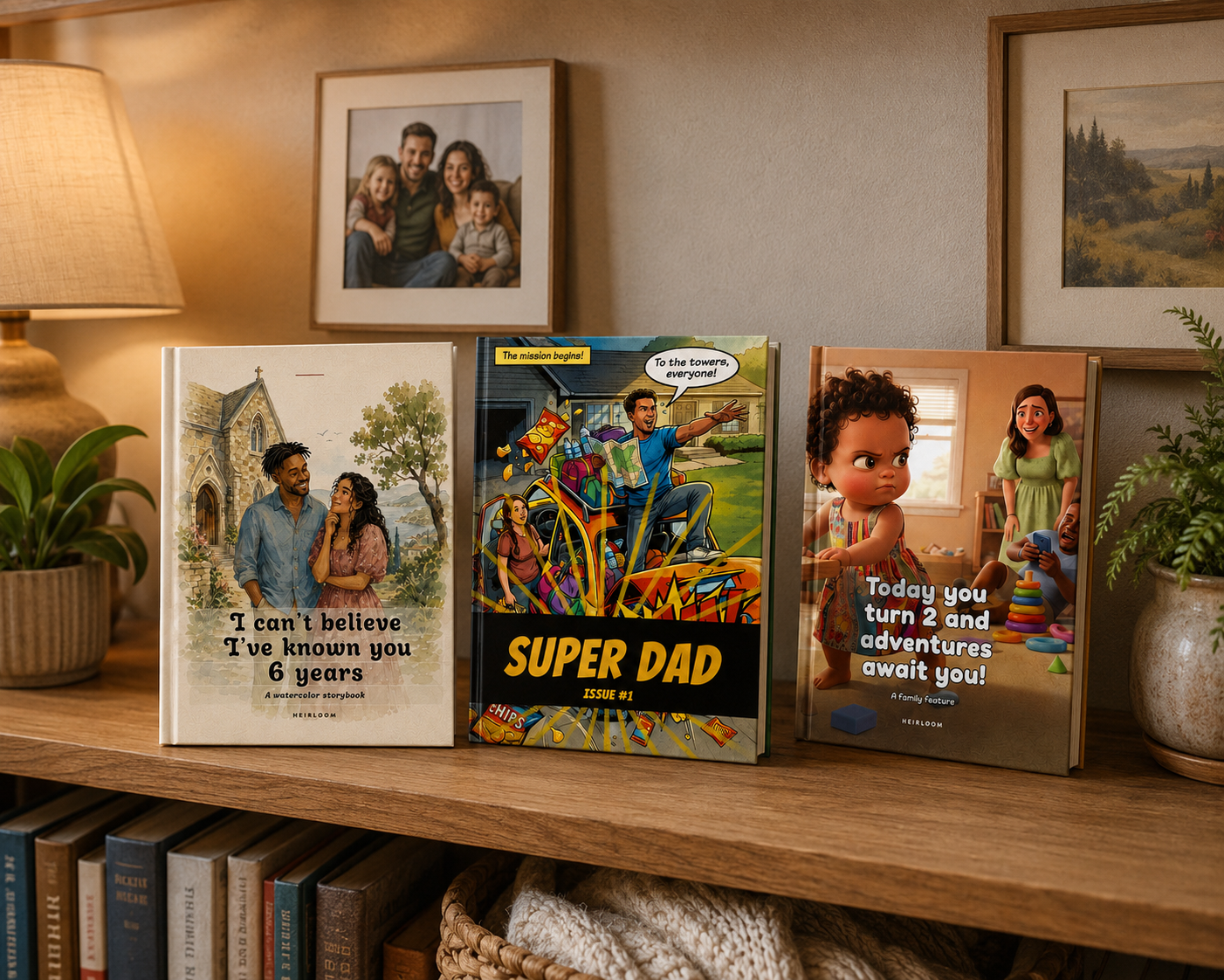 Three Heirloom hardcover storybooks on a wooden shelf beside a framed family photograph