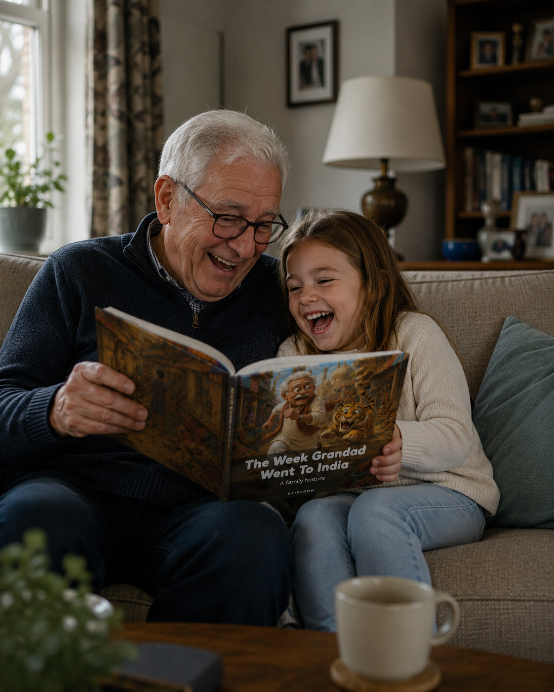A grandfather and granddaughter laughing while reading their Heirloom storybook together