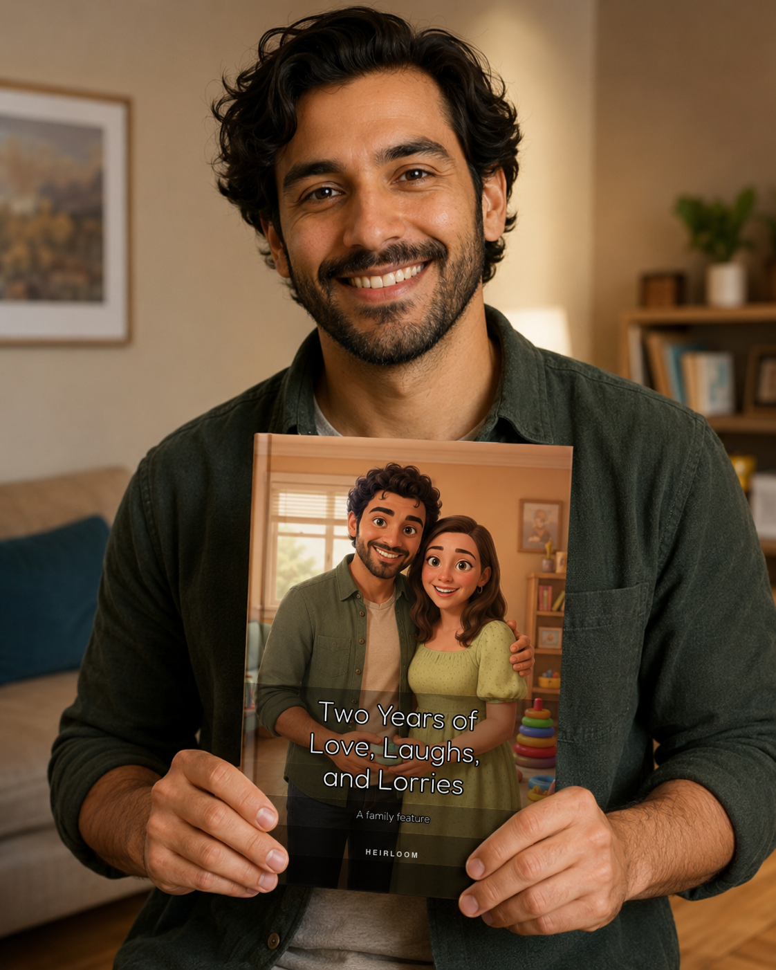 A partner smiling and holding up a personalised Heirloom storybook made about the two of them