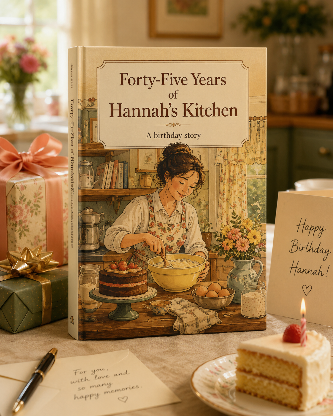 A woman lit by birthday candles opening a personalised storybook