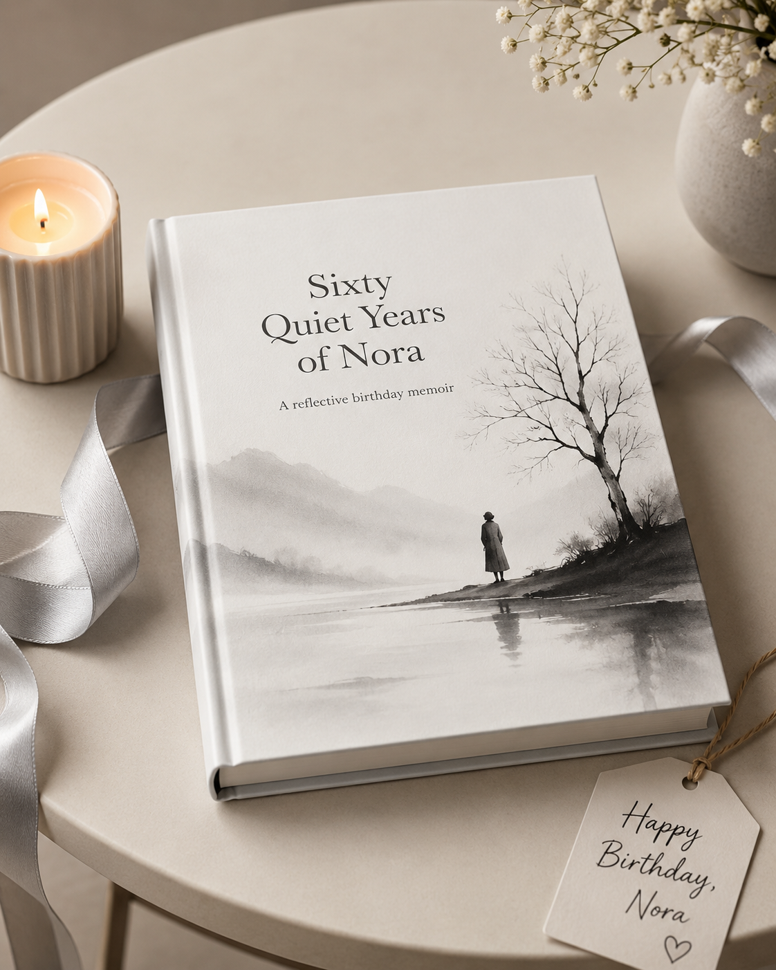 A woman lit by birthday candles opening a personalised storybook
