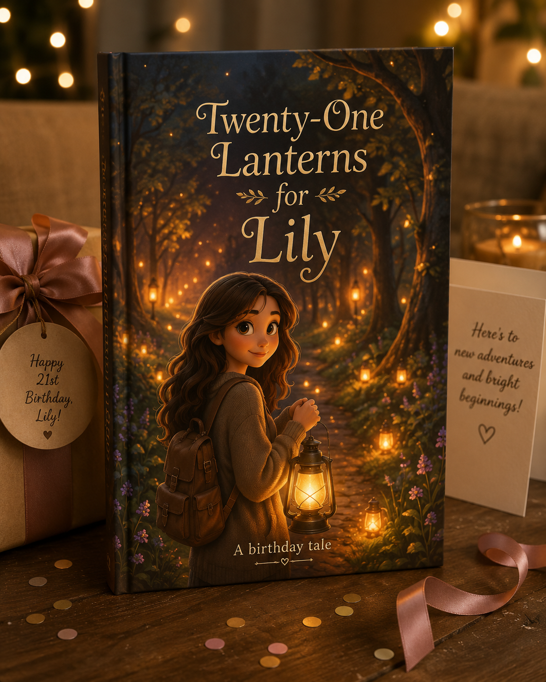 A woman lit by birthday candles opening a personalised storybook