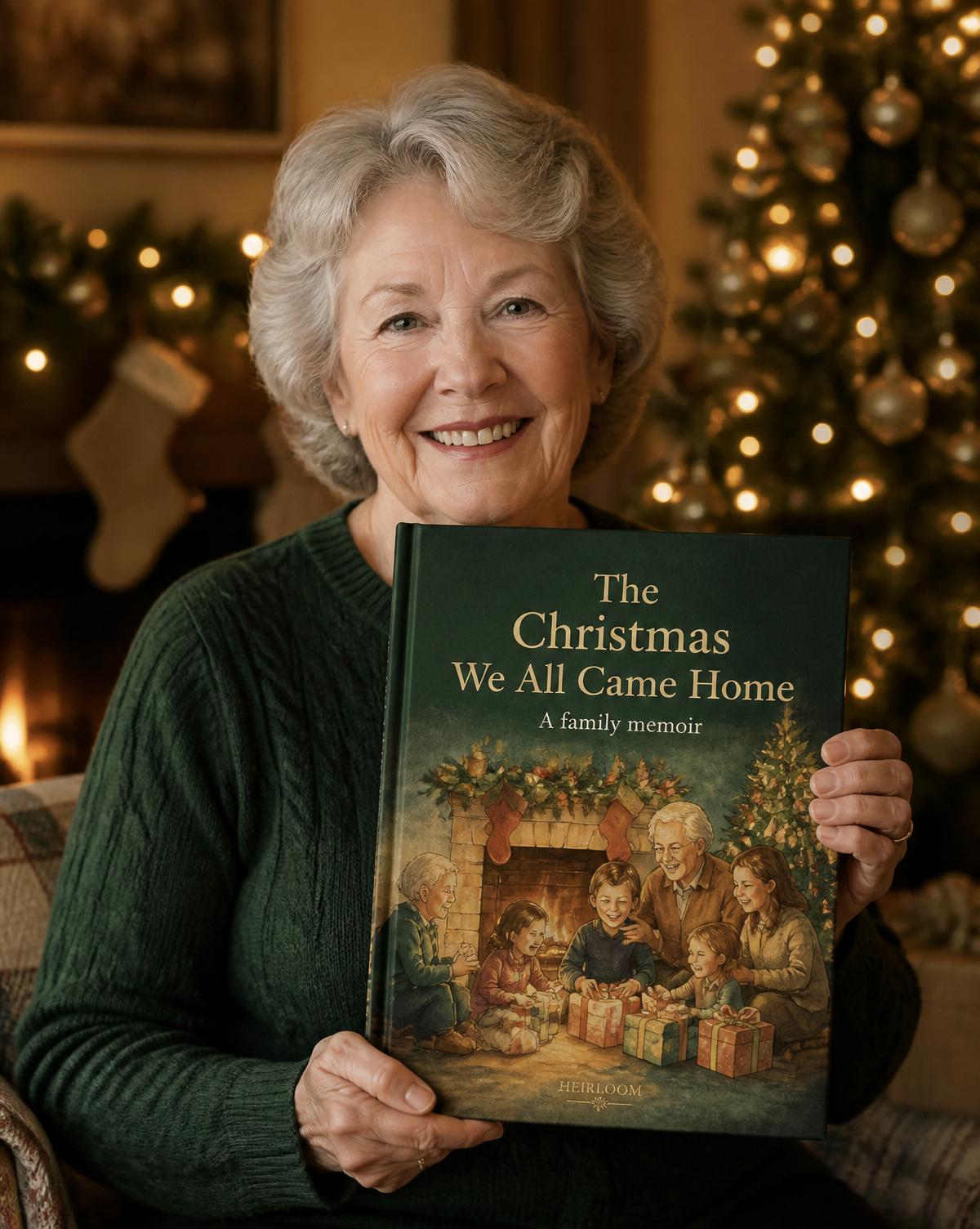 A personalised Heirloom Christmas storybook held up in front of a warmly lit Christmas tree