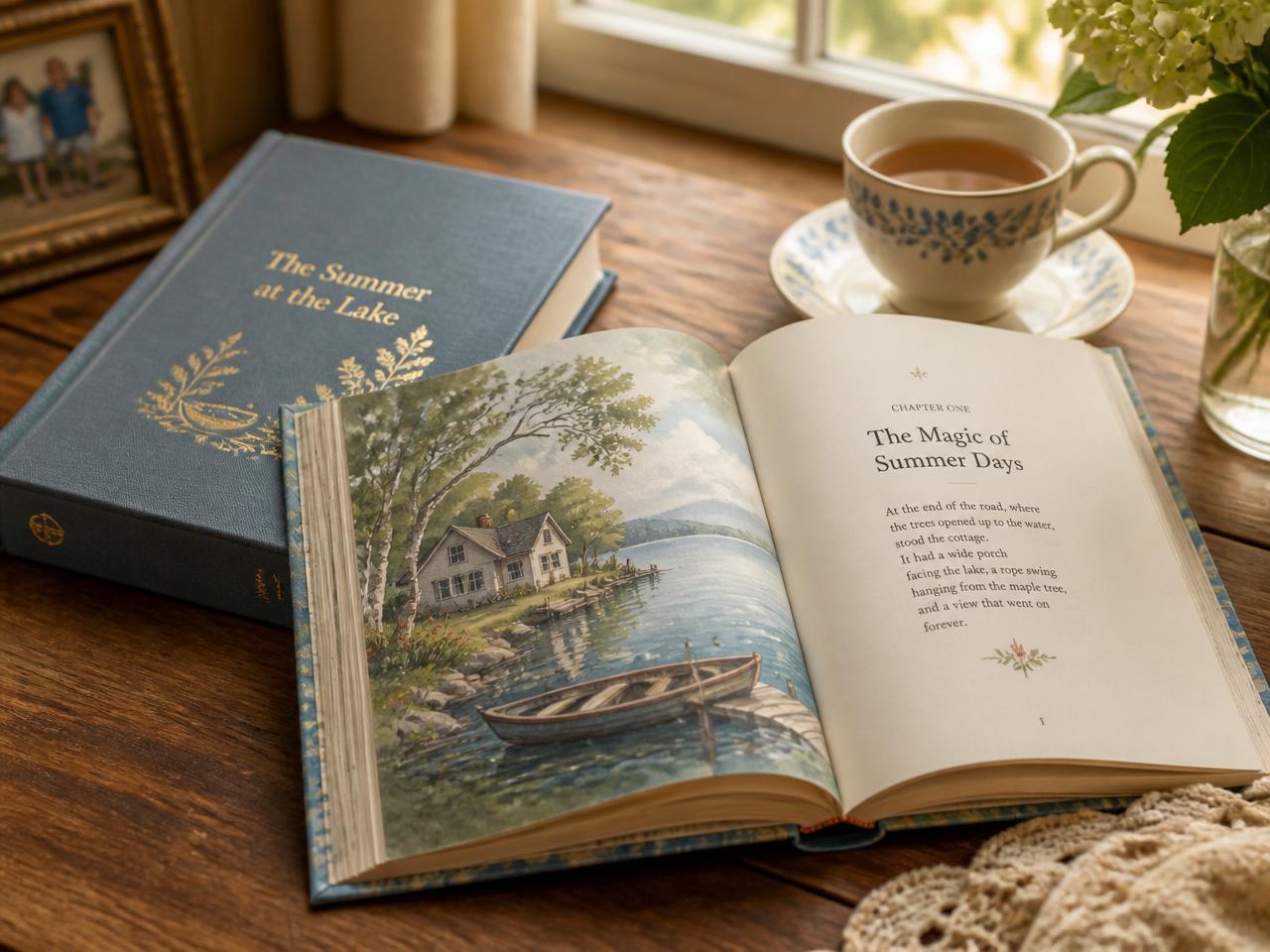 A real Heirloom hardcover storybook photographed on a wooden table with a cup of tea
