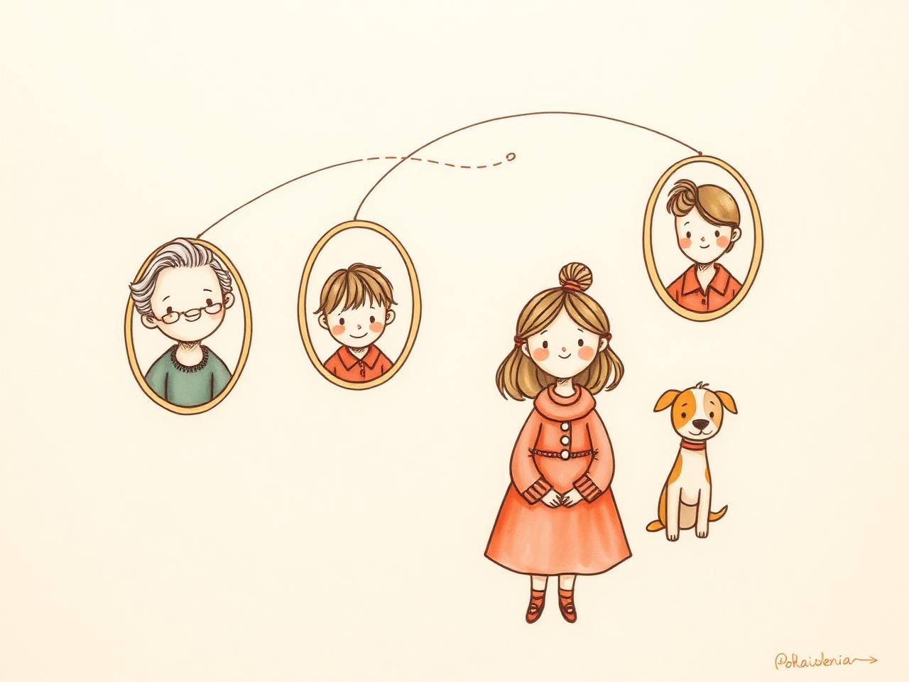 Portrait frames of family members floating in a gentle arc, connected by a faint dotted line