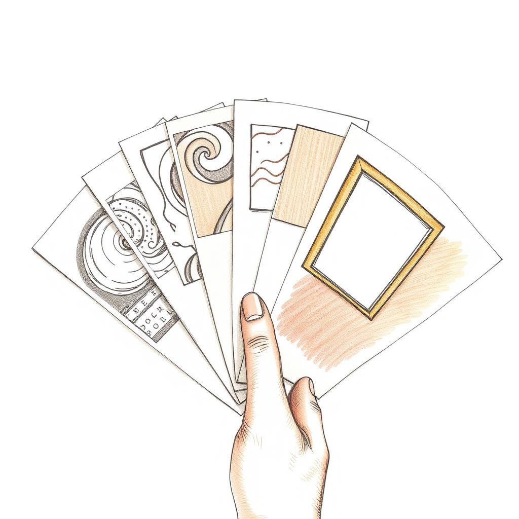 A hand-drawn fan of book style swatches — watercolour, comic, storybook, 3D, ink wash — with a hand about to pick one