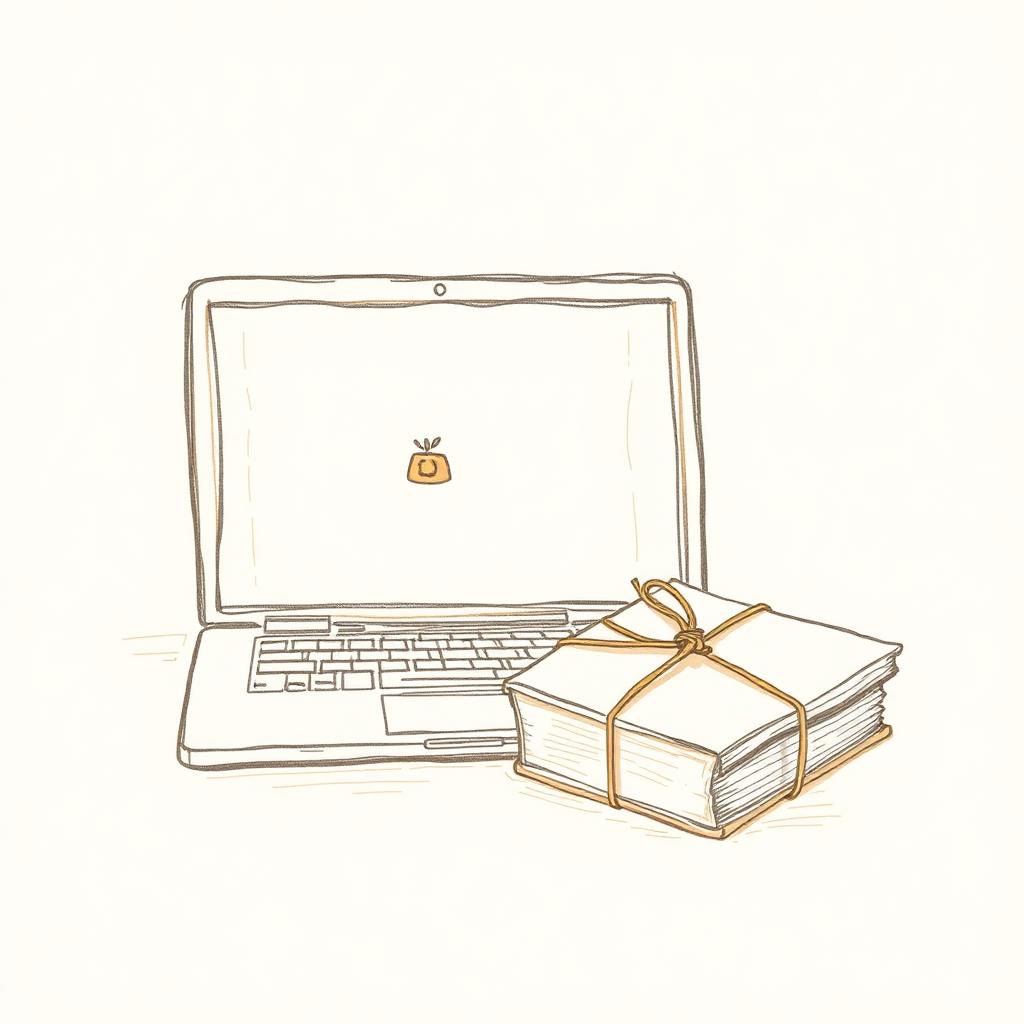 A hand-drawn laptop showing a storybook next to a wrapped hardcover parcel tied with twine